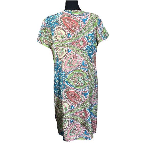 Talbots 100% Silk Paisley Short Sleeve Shift Dress Turquoise Green Coral 12 - Picture 2 of 12